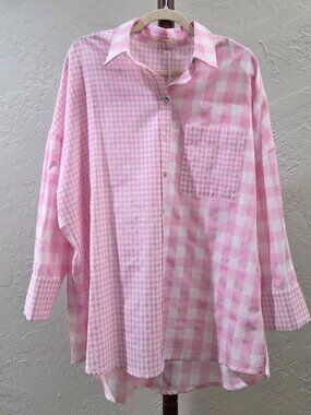 Oversized Pink‎ And White Gingham Button Down Shirt